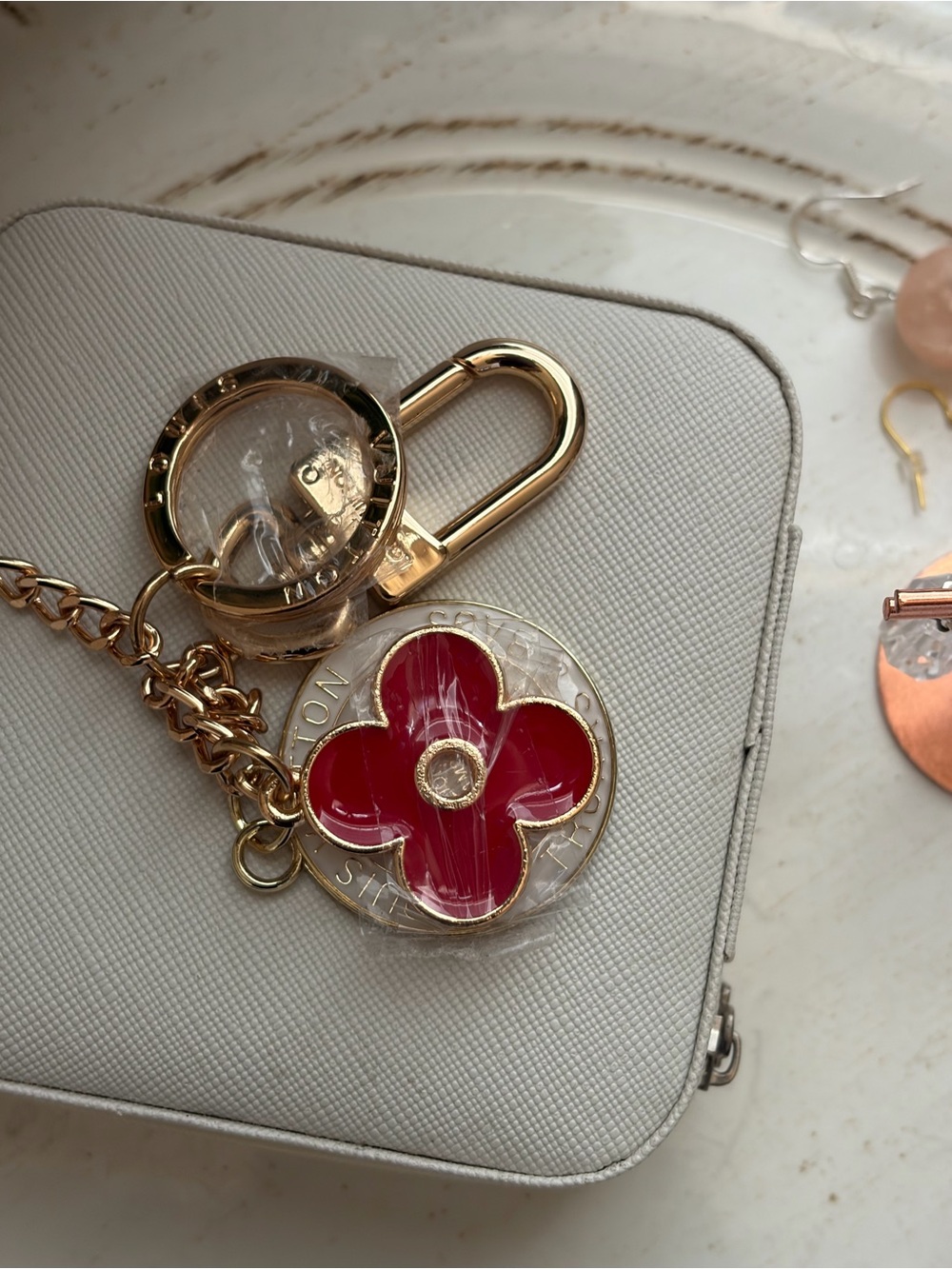 Red Floral and Gold tone and Keychain Charm